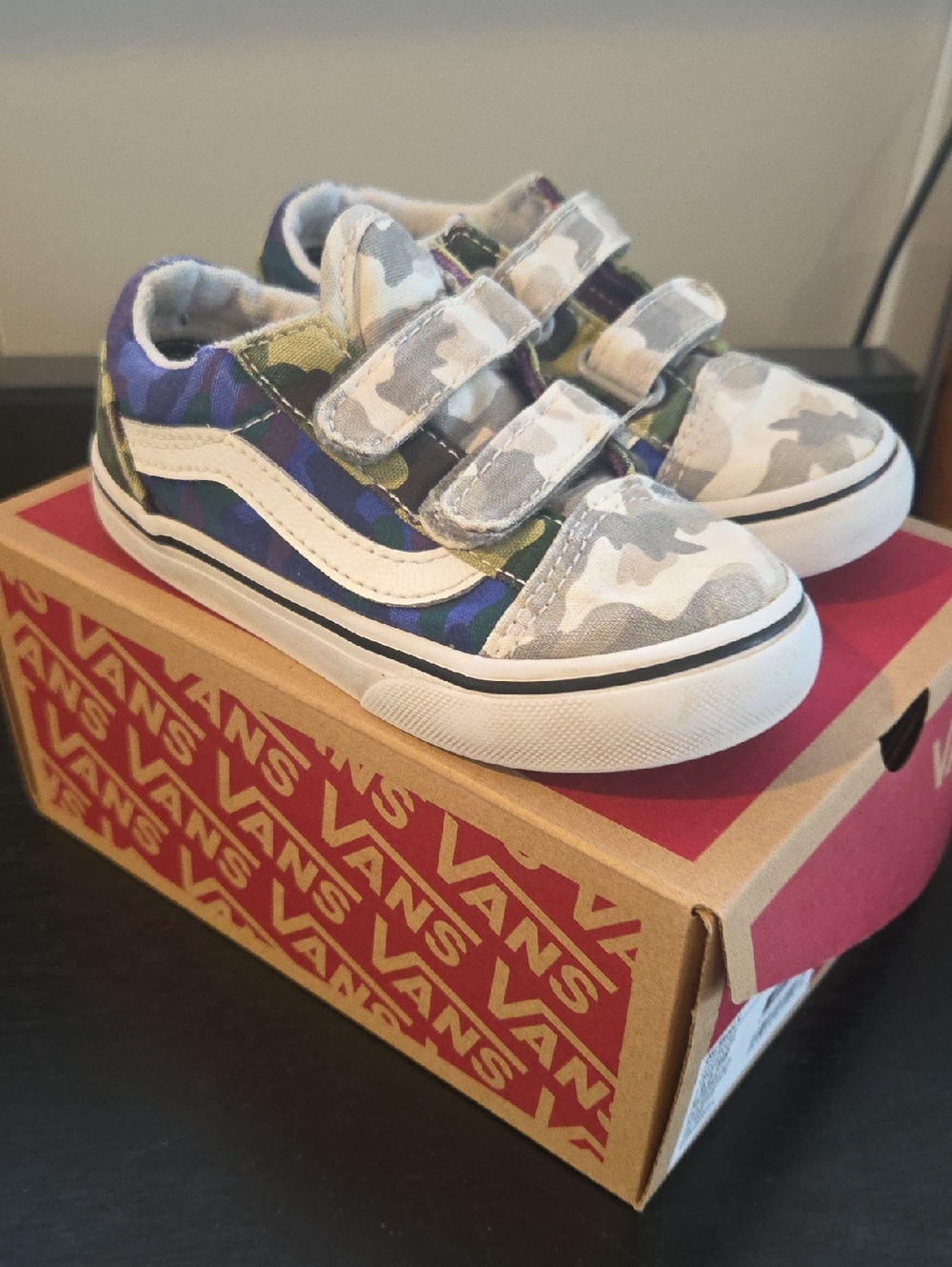 Vans Kids Camo Old Skool Velcro Sneakers - Green, Blue, Gray, White